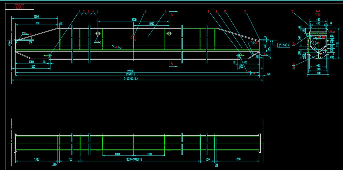 单梁电动葫芦桥式起重机5t s=22.58m h=6m（全套CAD）