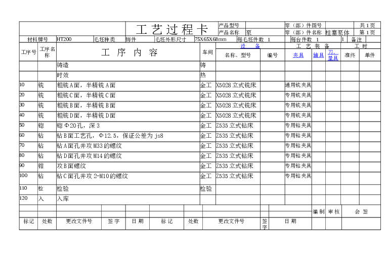 柱塞泵体工艺工装设计【说明书+6张CAD图纸+工艺过程卡】 备注：此份资料不含工序卡